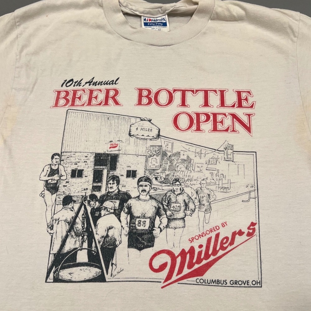 Vintage 80s Hanes Miller Beer Bottle Open T-Shirt Single Stitch L Ohio 4 Miler